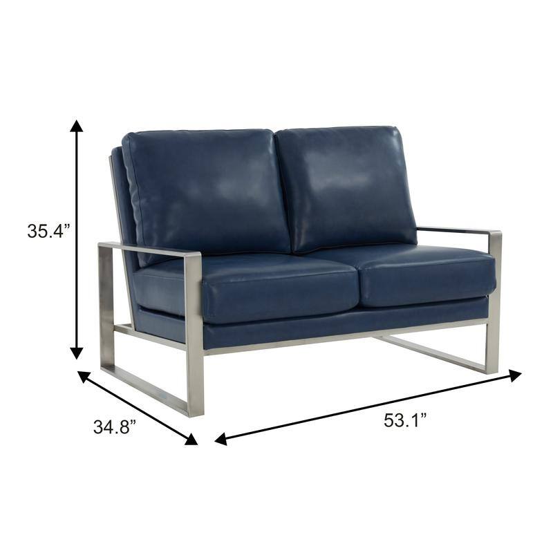 Jefferson Modern Leather Loveseat with Brushed Silver Stainless Steel Base, Removable Cushions, Sinuous Springs, Fully Assembled
