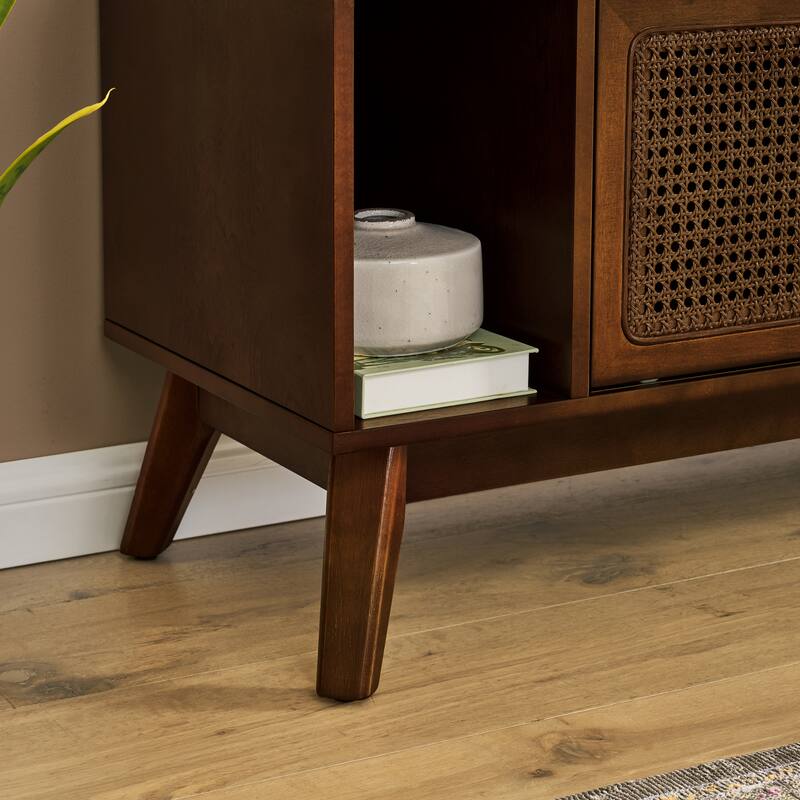 Mid-Century Modern Rattan TV Stand for TVs up to 75" with 2 Sliding Doors and Solid Wood Legs, for Living Room, Walnut
