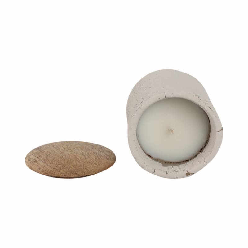 Wood Lid and Textured Pottery Base Decorative Modern Indoor Candle - 4" x 4" x 4"