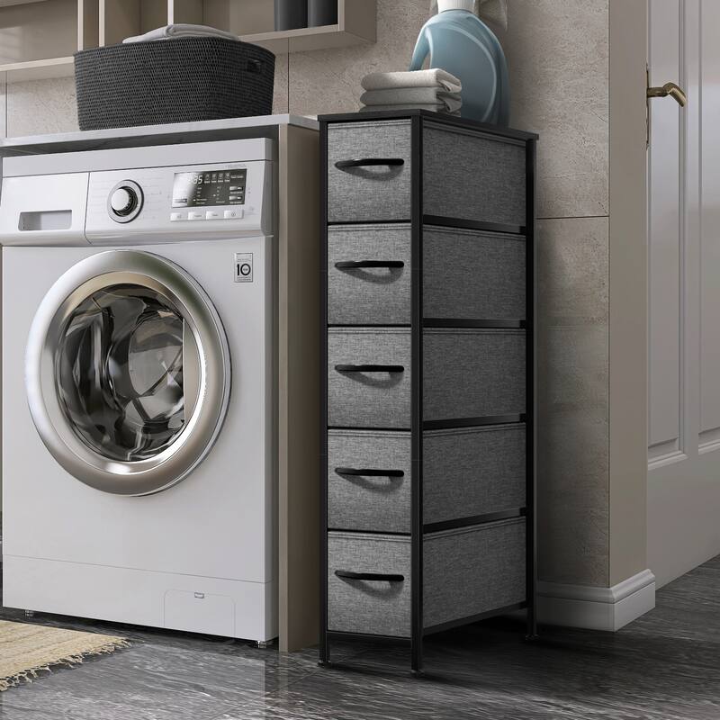 Sorbus Narrow Dresser with 5 Drawers - Vertical Slim Storage Chest of Drawers with Steel Frame, Wood Top & Easy Pull Fabric Bins