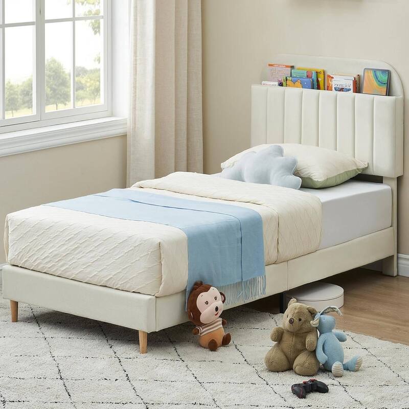 Twin Upholstered Platform Bed Frame with Bookcase Headboard - Beige