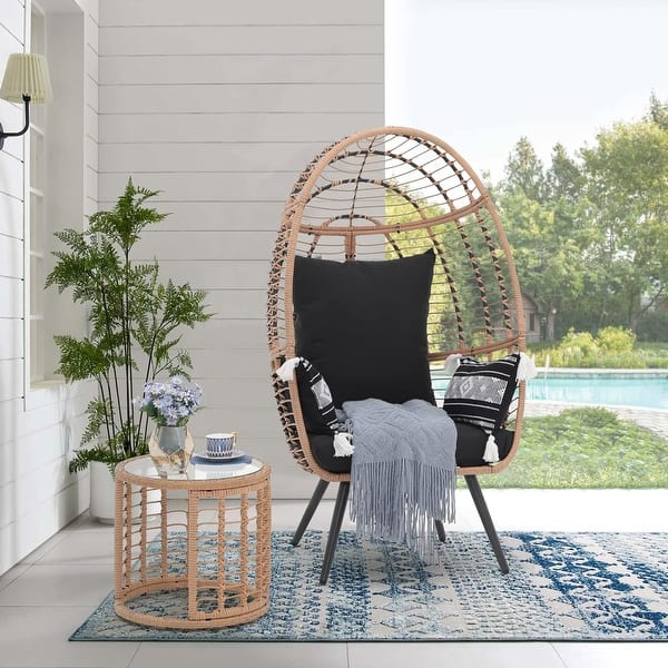 Wicker Outdoor Lounge Chair Oversized Egg Chair With Stand White Cushion Egg Basket Chair For Patio Garden Backyard Lt 157