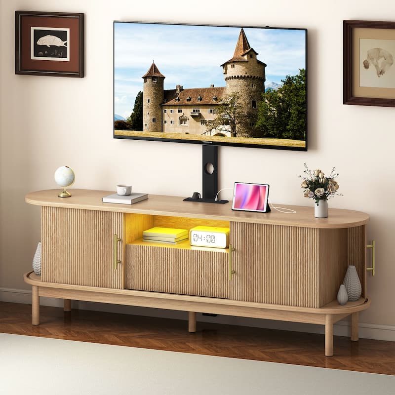 Moasis Mid-Century Modern Fluted TV Stand with Drawer and Adjustable Mount for Living Room - Oak - 66"W