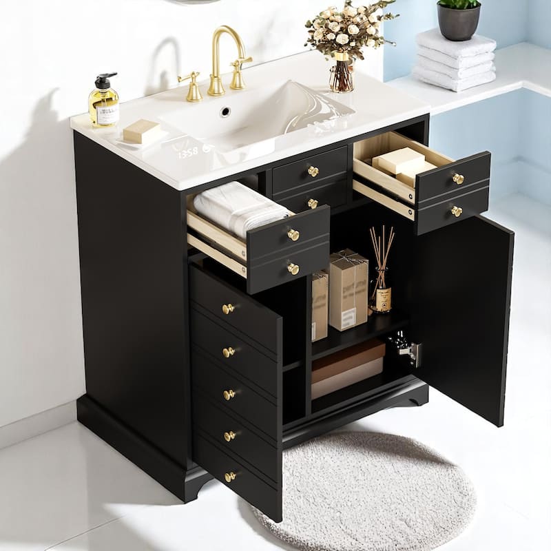 30 Inch Freestanding Bathroom Vanity with Ceramic Basin, MDF Cabinet, 2 Drawers, and 2 Soft-Close Doors