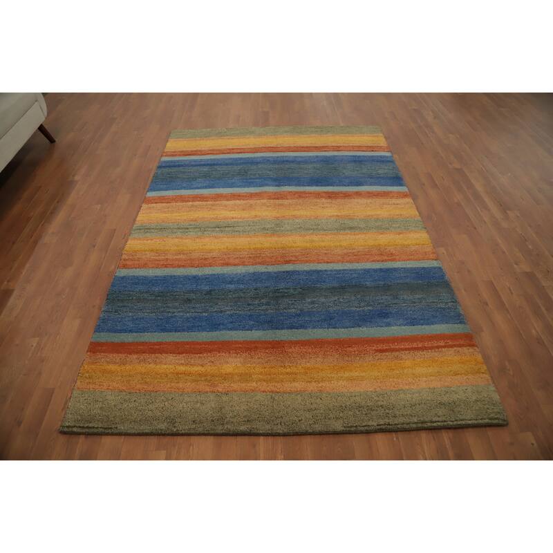 Hand Knotted Oriental 100% Wool Carpet Modern Stripe Multi-Colored Gabbeh Area Rug - 7' 11'' X 5' 6''