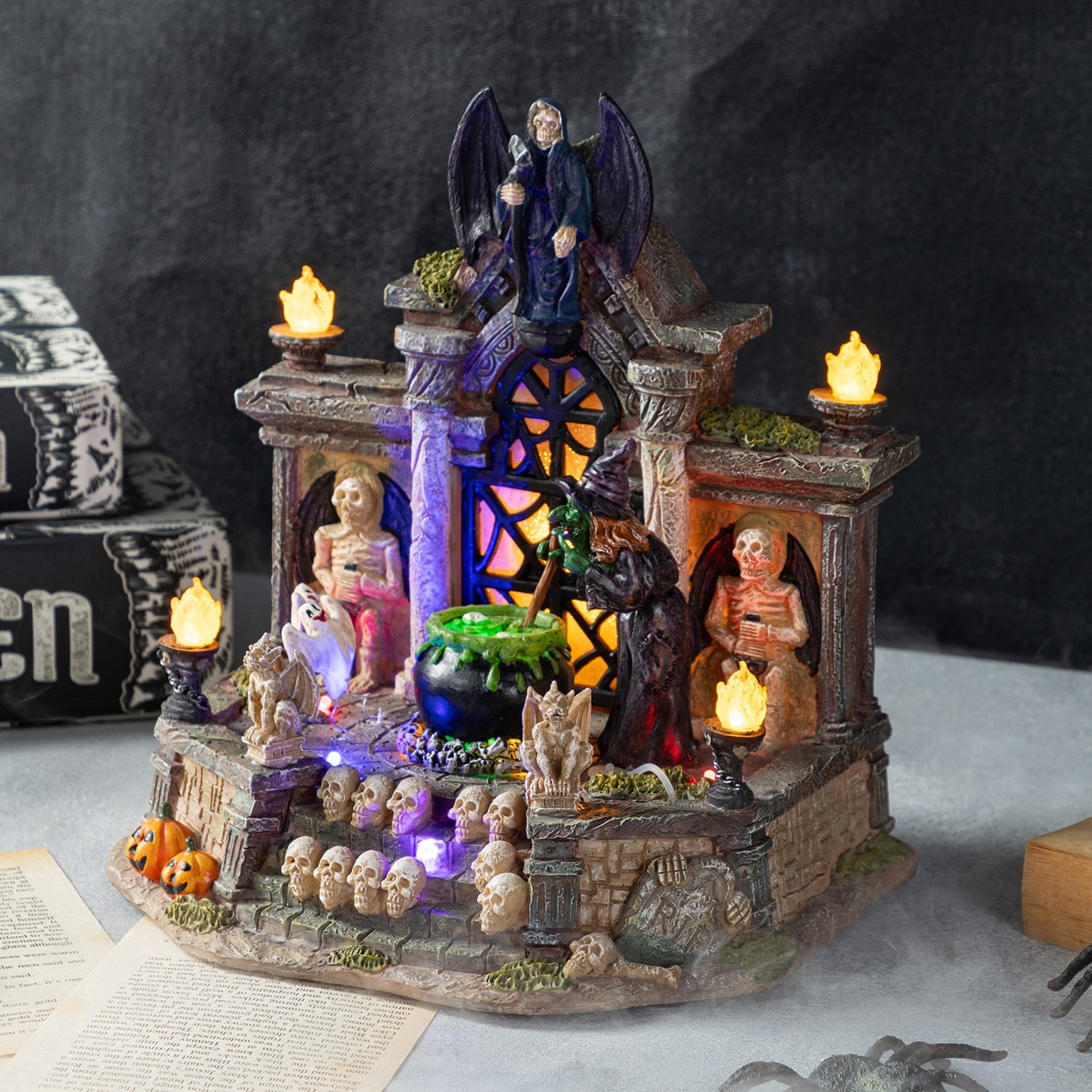 Glitzhome 9.75"H Lighted Resin Halloween Haunted House Ghosts Witch Table Village Decor