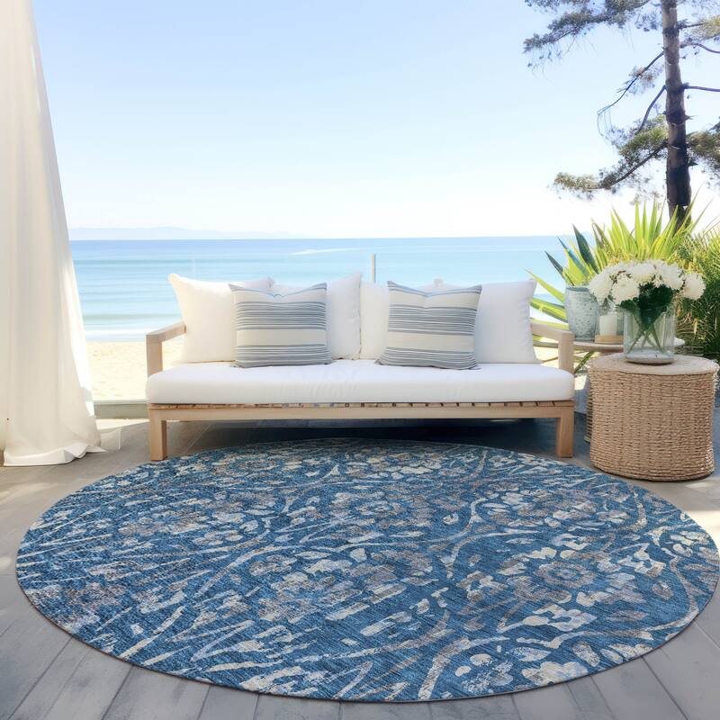 Machine Washable Indoor/ Outdoor Chantille Distressed Traditional Rug - Blue - 8' x 8'