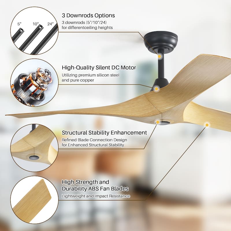 Sofucor 52Inch Ceiling Fan without Light, 6 Wind Speeds with Remote Control for Living Room and Patio