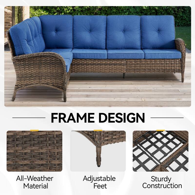 Fire Pit Table with Sectional Sofa Swivel Chairs Ottomans -Blue - Brown