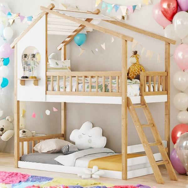 slide 2 of 23, Playhouse-inspired Twin Over Twin Bunk Bed Wood Bed With Ladder and Roof and Windows Design