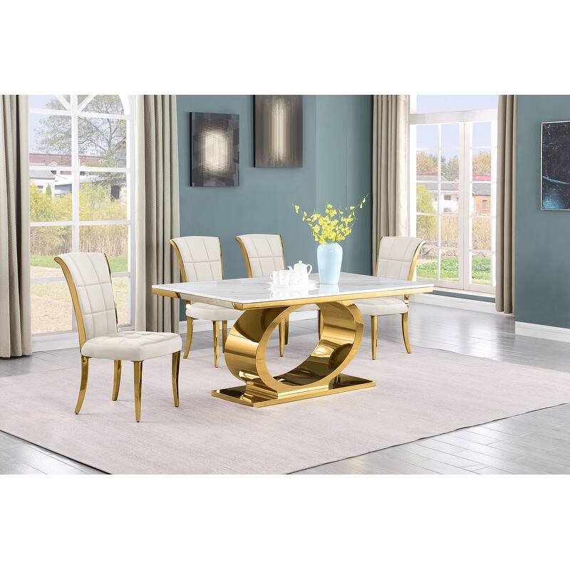 Best Quality Furniture D430/1-SC320-7 Dining Set with 68" White Marble Top - 5-Piece - Cream / Gold