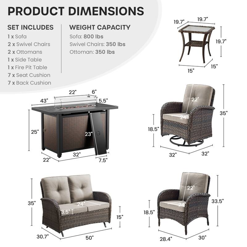 Gymojoy 7-Piece Patio Set with Glider Loveseat, Swivel Chairs & Fire Pit Table for Backyard, Garden