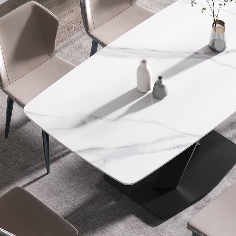 70.87"Modern artificial stone white curved black metal leg dining table-can accommodate 6-8 people