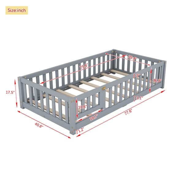 dimension image slide 4 of 5, Twin/Full/Queen Size Floor Bed with Safety Guardrails for Kids, Wood Montessori Bedframe w/ Door, Children's Noiseless Beds