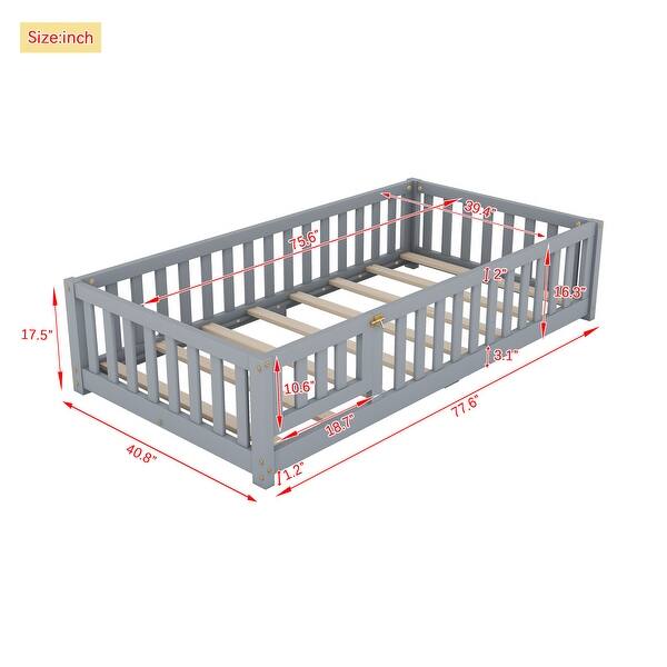 dimension image slide 3 of 4, Twin Size Kids Floor Bed with Guardrails and Door