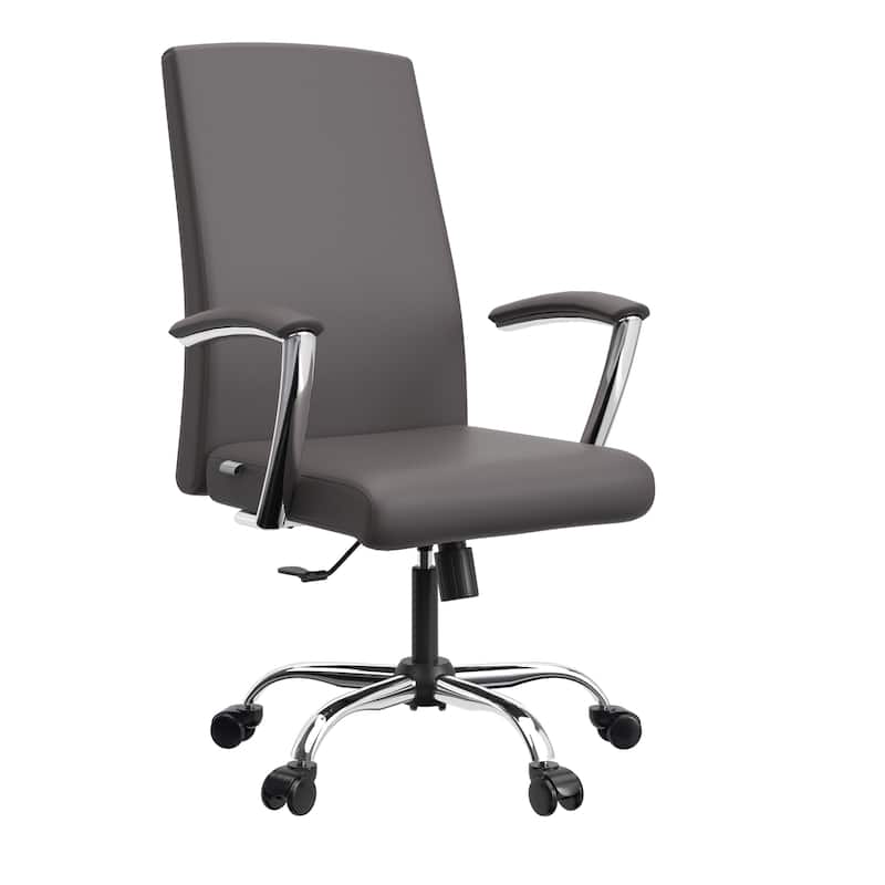 LeisureMod Evander Modern Swivel Office Chair in Faux Leather with Silver Frame - Grey