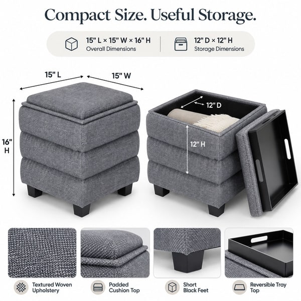 dimension image slide 0 of 3, Aria Home Tessa Storage Ottoman Cube with Tray Top Seat Bench