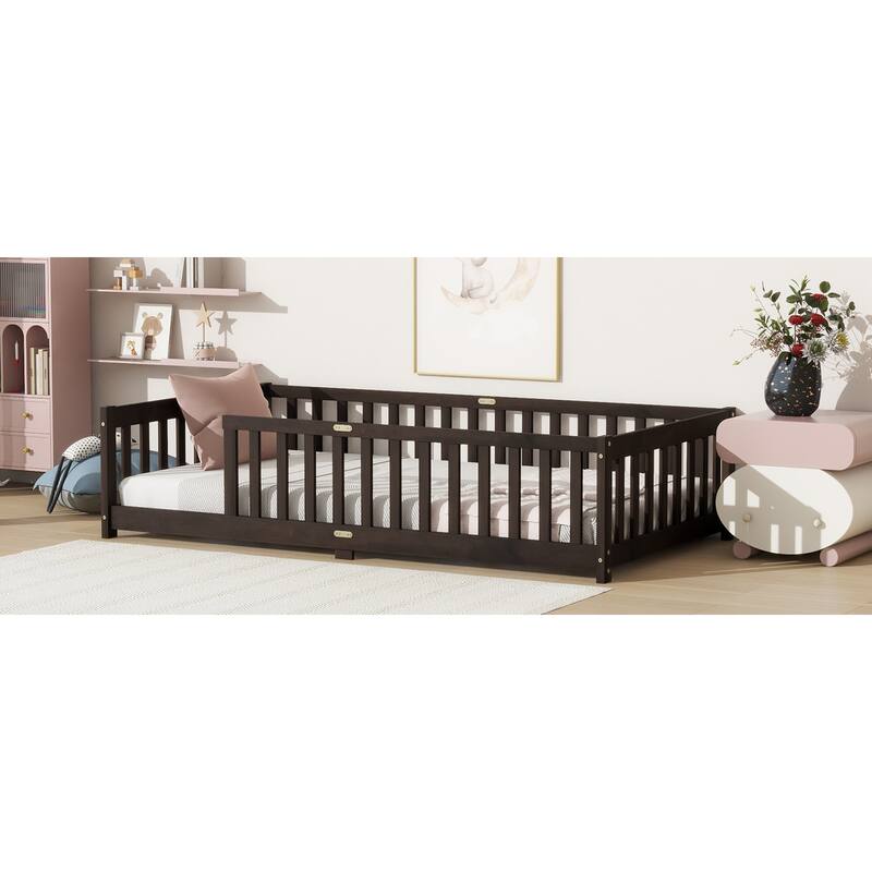 Roomfitters Twin Rubber Wood Floor Bed with Fence, Safety Guardrails, Low Profile Platform Design