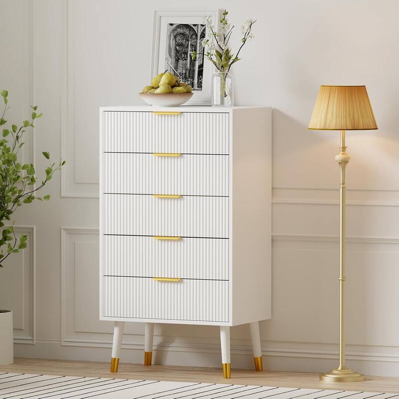 5-Drawer Wood Dresser Chest for Bedroom, Storage Cabinet Organizer, Set of 2 - White