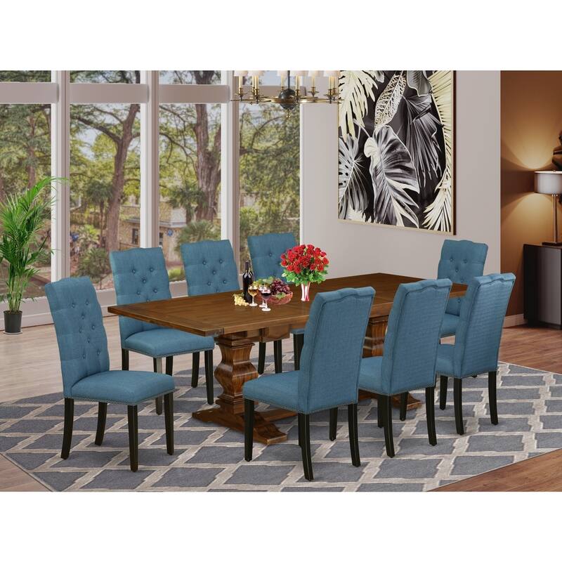 Modern 9-Piece Dining Set - Rectangular Table & 8 Linen Fabric Chairs - Antique Walnut & Black Finish - 92