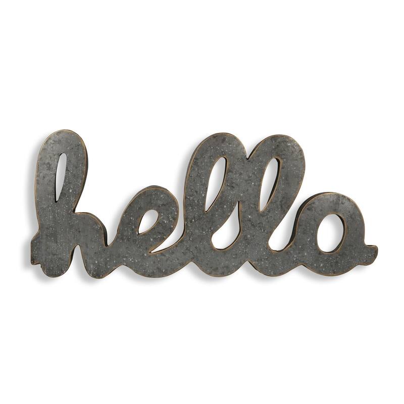 HomeRoots 12" X 28" Gray Handcrafted Abstract hello Metal Wall Decor