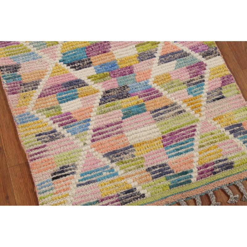 Modern Trellis Moroccan Oriental Runner Rug Hand-Knotted Wool Carpet - 2'5"x 12'8"