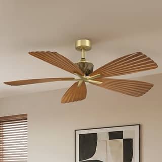 56" Brown Tropical Pleated Leaf 5-Blade Indoor Outdoor Ceiling Fan with Remote, No Light