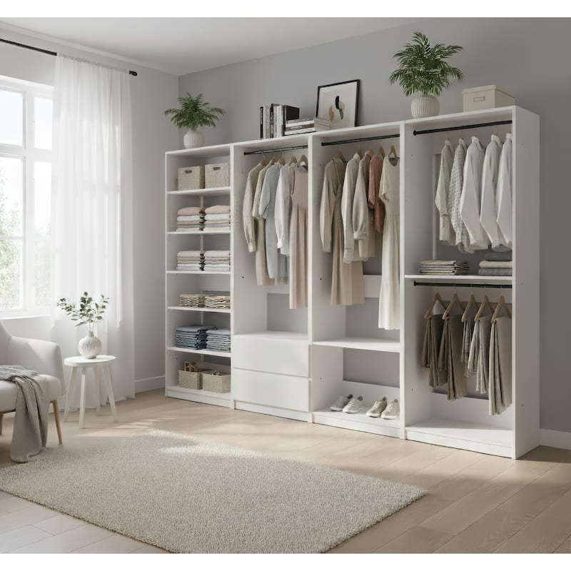 Prosper White Freestanding Walk in Wood Closet System - 125.6"W x 15.7"D x 83" H