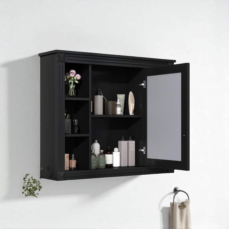 35" x 28" Wall-Mounted Bathroom Storage Cabinet with Mirror and 6 Open Shelves, Modern Medicine Cabinet