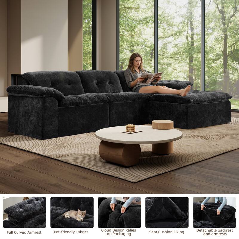Rossetta L-Shaped Modular Chenille Cushioned Extreme Comfort Sofa with Detachable Backrest and Armrests, 1 Removable Ottoman