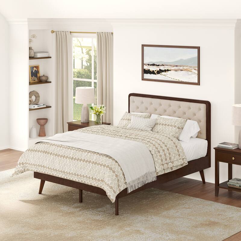 LUE BONA Solid Wood Panel Platform Bed with Button Tufted Headboard, Multi-Size wooden Rustic Bed Frame Bedroom Furniture