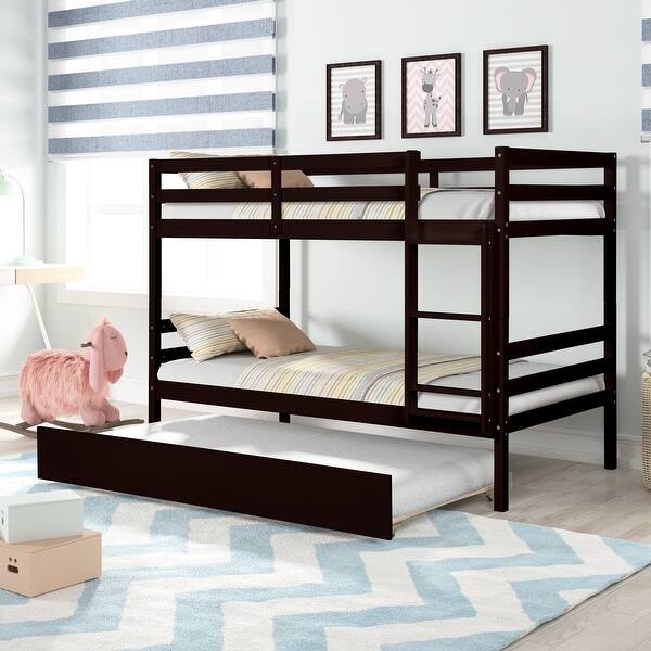 slide 2 of 9, Tiwn Size Sturdy Pinewood Safety Design Bunk Bed with Twin Trundle Espresso
