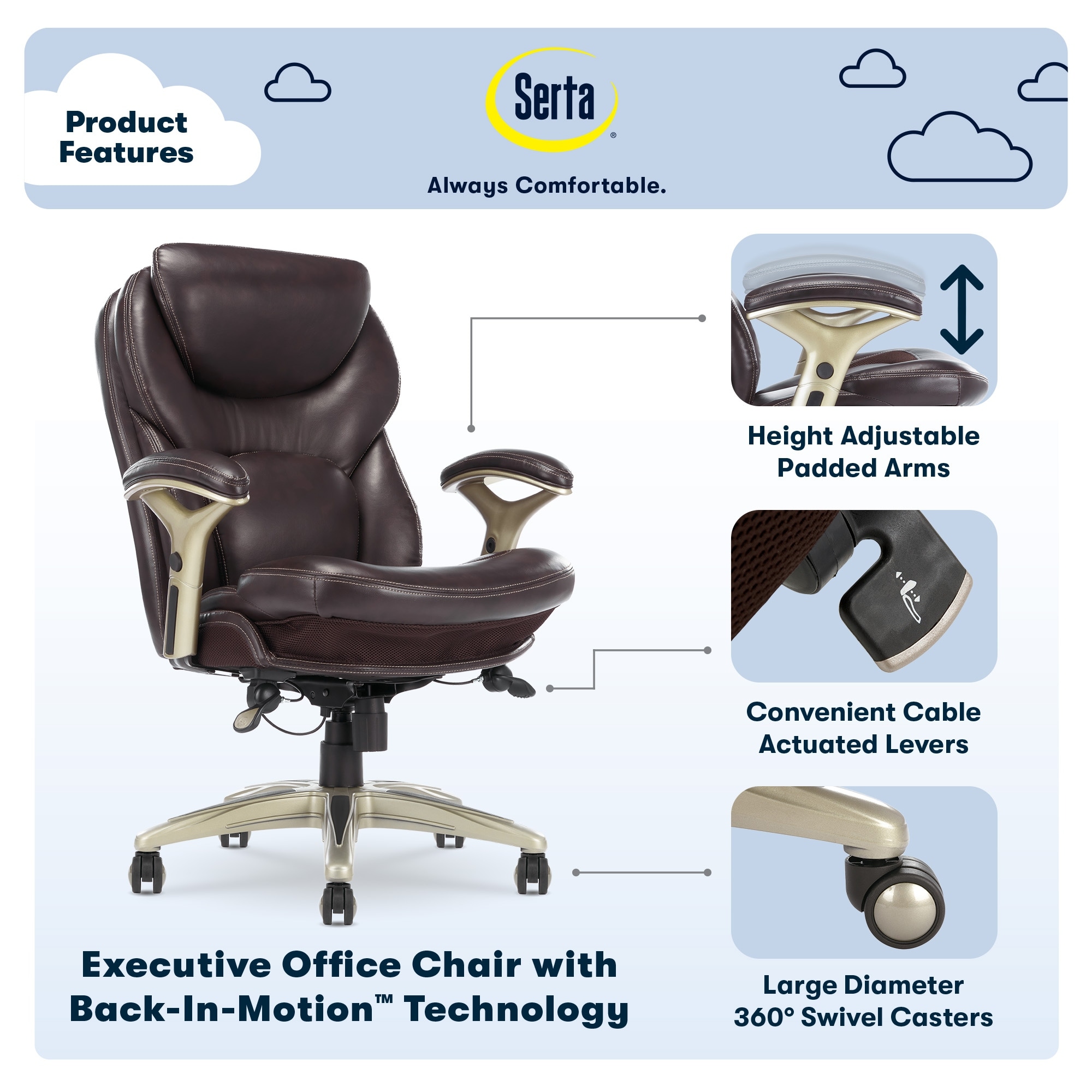Serta ergonomic executive office chair motion technology adjustable sales mid back design with lumbar support