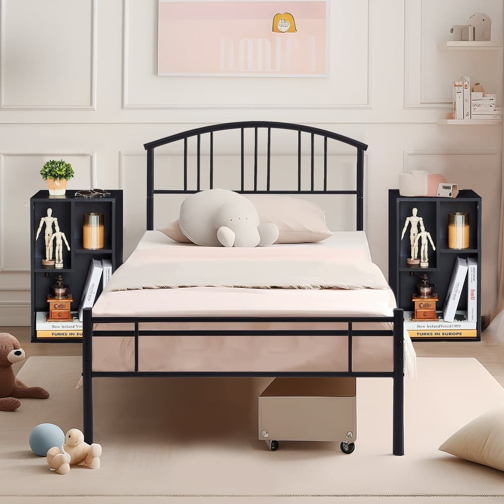 VECELO 3-Pieces Bedroom Sets Black Bed frame and Nightstands/Bookcases Set
