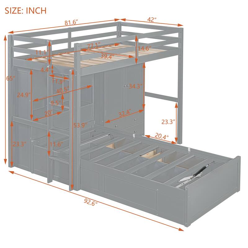 Twin Bunk Bed with Wardrobe, 6 Drawers Hydraulic Storage and MDF+LVL, 600lb Capacity, Space-Saving Design