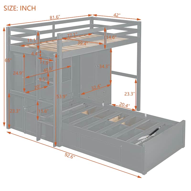 Twin over Twin Wooden Bunk Bed with Built-In Wardrobe Design and 6 Drawers,Hydraulic Lift Storage Bed