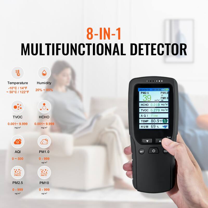 Air Quality Monitor 9-IN-1 for Indoor/Outdoor, Air Quality Meter w/Alarm Thresholds