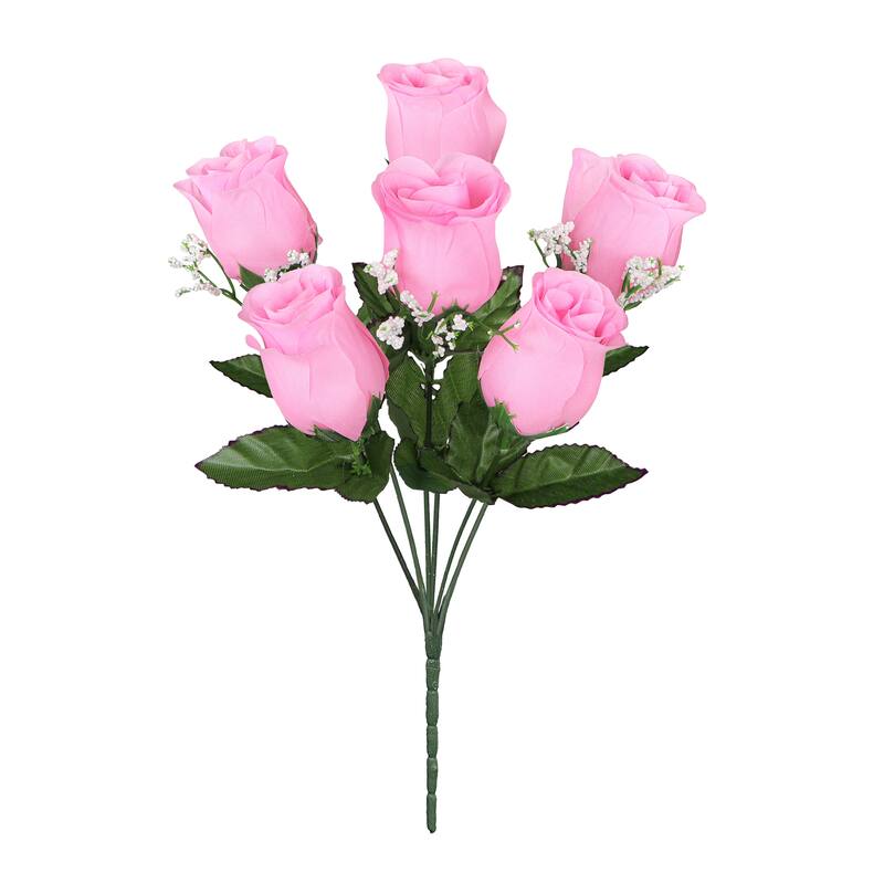 Set of 12 Pink Artificial Rose Bud Flower Stem Bush Bouquet 14in - 14" L x 6" W x 6" DP