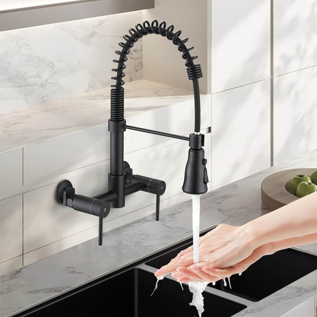 Double Handle Wall Mounted Spring Neck Bridge Kitchen Faucet