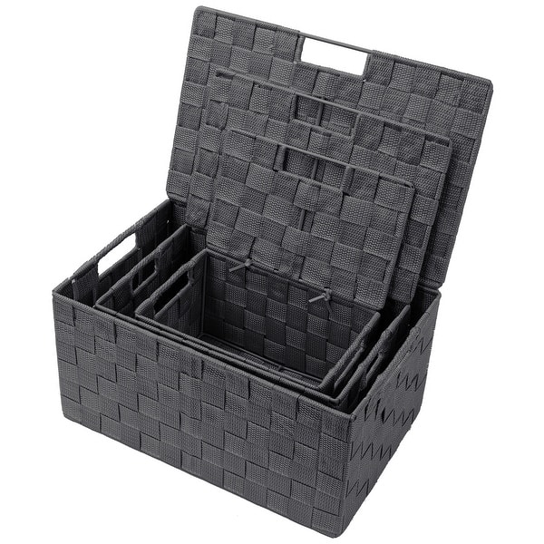 slide 2 of 11, Storage Box Woven Basket Bin Container Tote Cube Organizer Set Stackable Shelf Organizer Built-in Carry Handles (3-Piece)