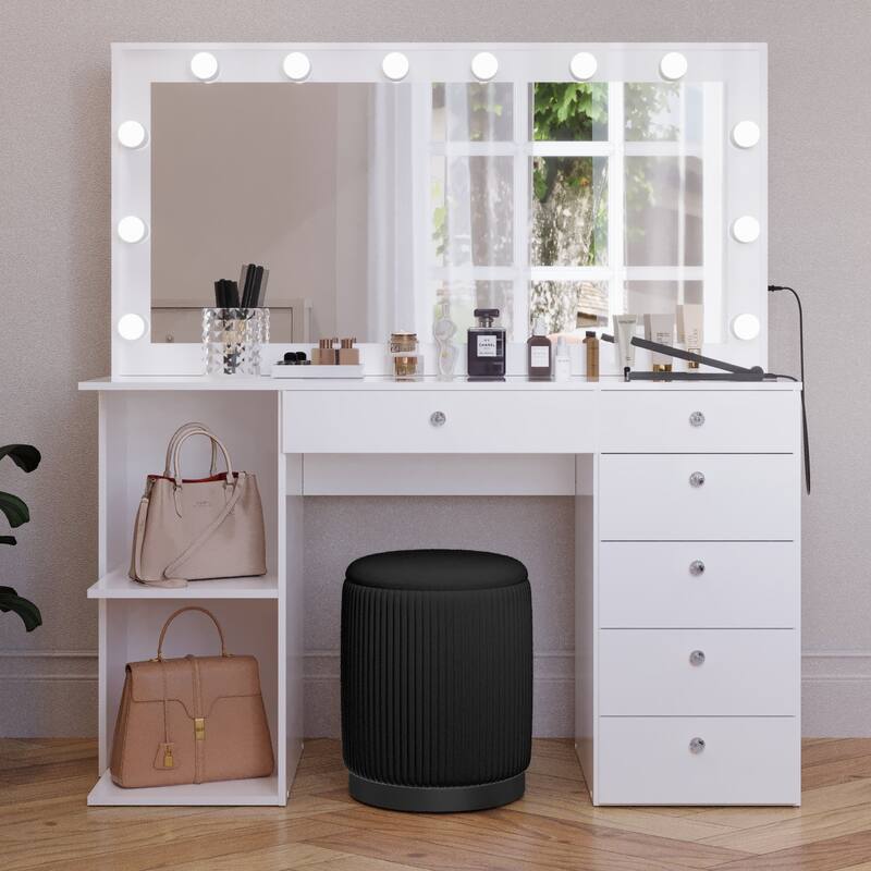 Makeup Vanity Desk w/ Free Black Storage Ottoman, 12 LED Bulbs Mirror, 6 Drawers, Glass Top, Crystal Knobs, USB, 110V Outlet - White