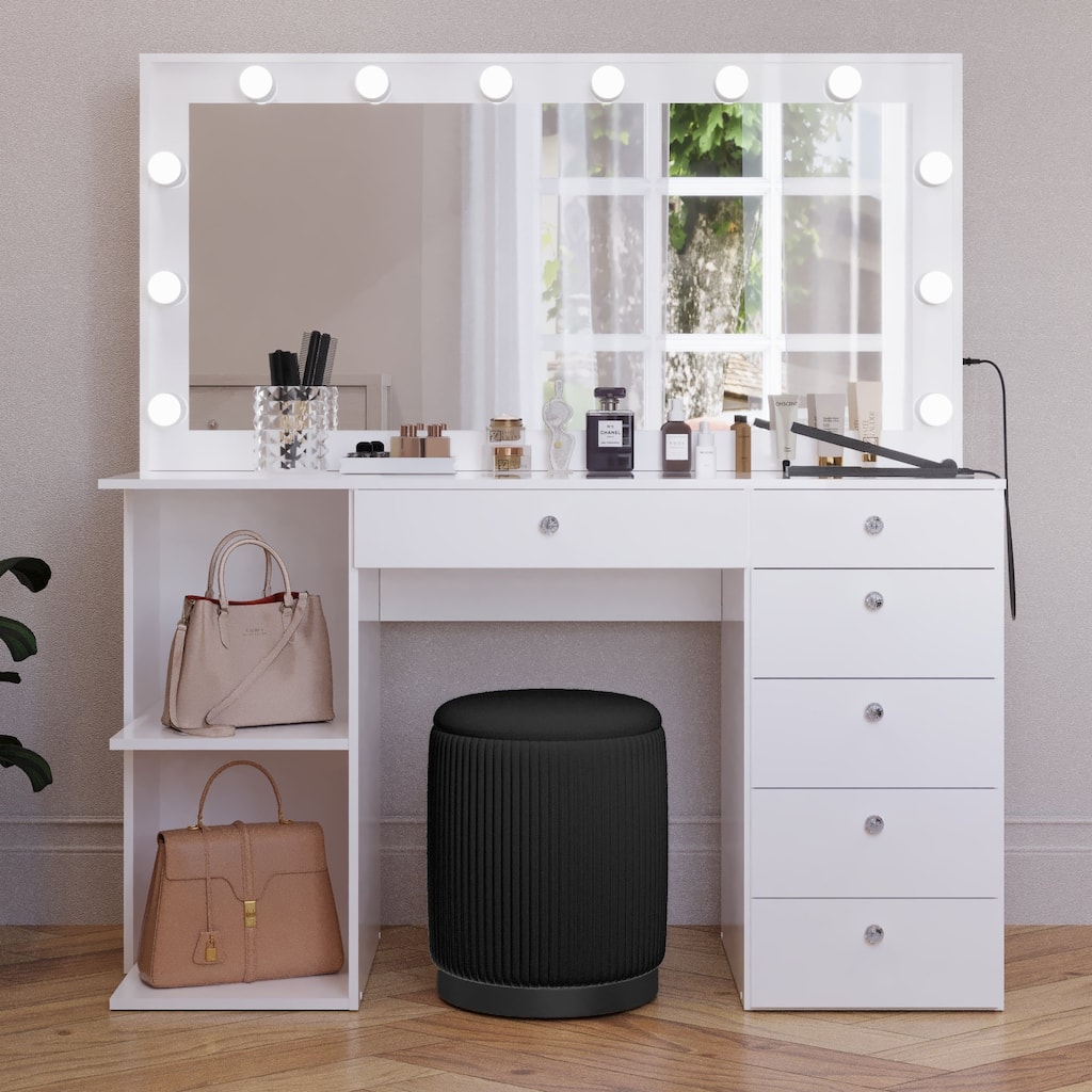 Makeup Vanity Desk w/ Free Black Storage Ottoman, 12 LED Bulbs Mirror, 6 Drawers, Glass Top, Crystal Knobs, USB, 110V Outlet