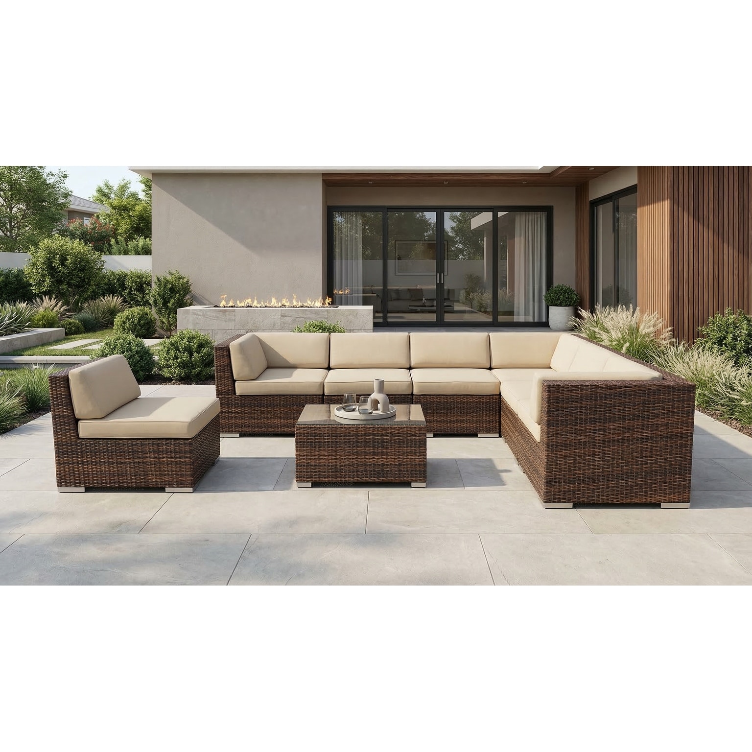 Ohana Outdoor Patio 8 Piece Mixed Brown Wicker Sectional with Cushions - No Assembly