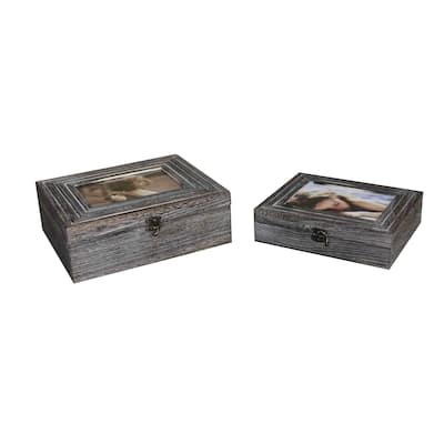 Molded Wooden Storage Box with Photo Frame Lid, Set of 2, Gray