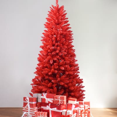 7FT Red Christmas Tree-Pure Red PVC Tree with 1066 Tips,Hinged Branches for Easy Setup,Stable Metal Stand