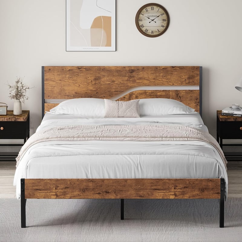 VECELO Beds Industrial Platform Bed Frame with Wood Headboard,Easy Set up - Rustic Brown - Full