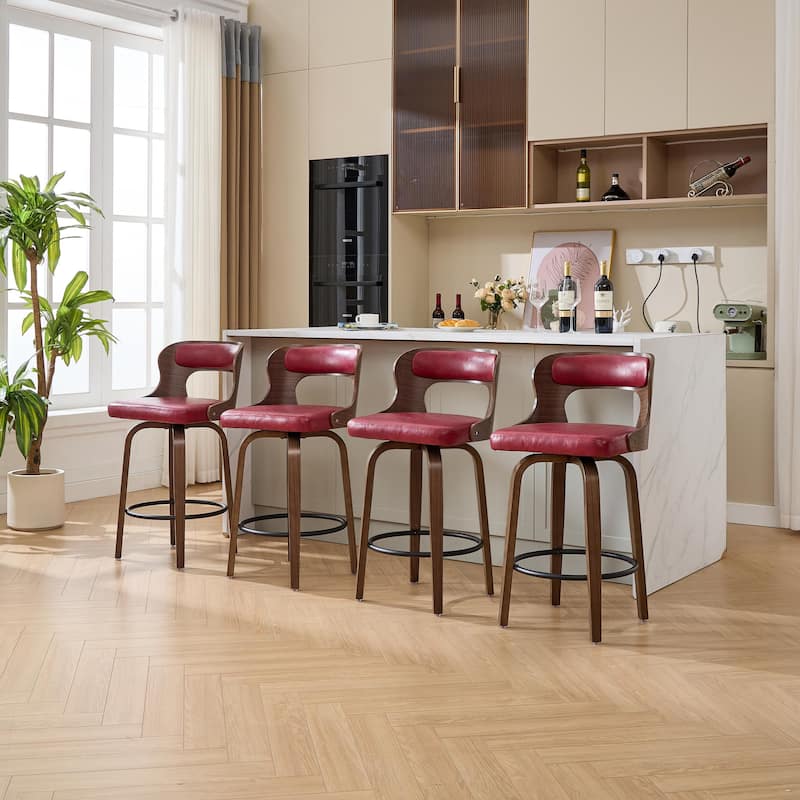 SEYNAR PU Leather 360 Degree Swivel Open Back Bar Stools Wood Legs Set of 4