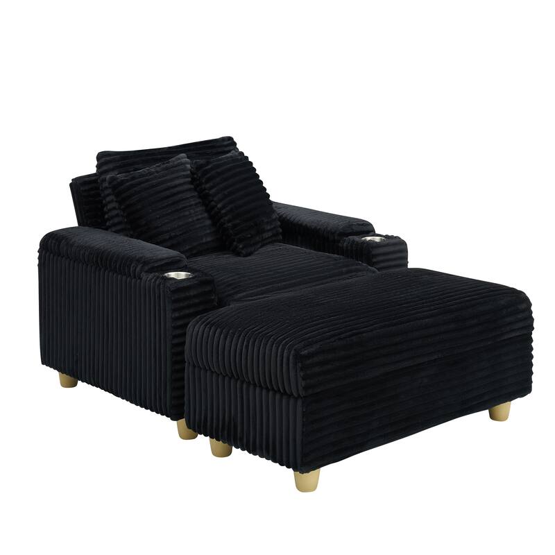 Corduroy Accent Chair & Storage Ottoman Set of 2, Single Sofa Armchair Lounge Chair with Pillows & Cup Holders