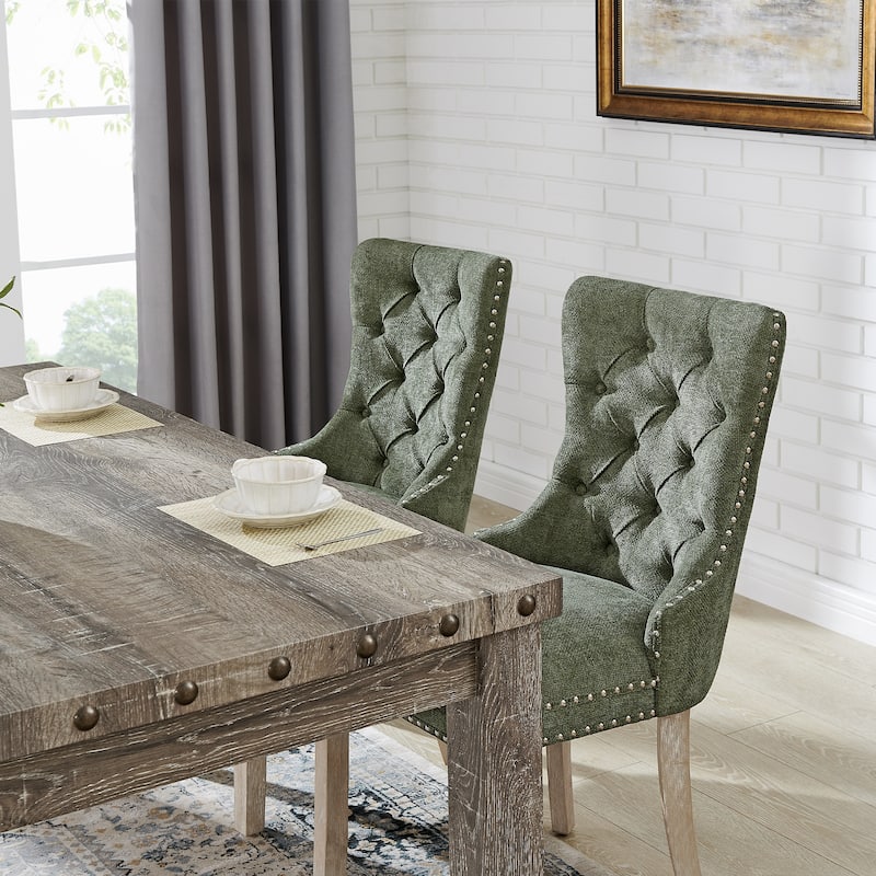 Mordern Fort Vintage Dining Table Set, Tufted Upholstered Chairs with Studded Trim