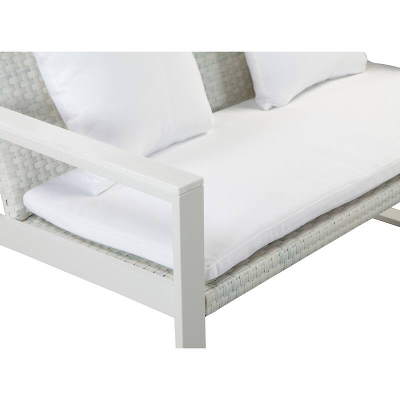 Lark 50 Inch Sofa and Table Set, All Weather Rattan, White Fabric Cushions